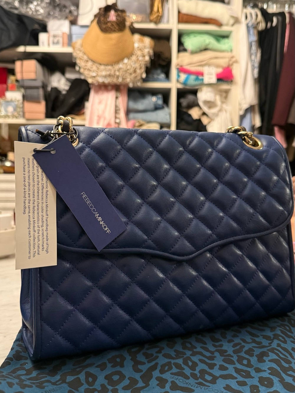 Rebecca Minkoff Quilted Navy Leather Shoulder Bag with Gold Hardware